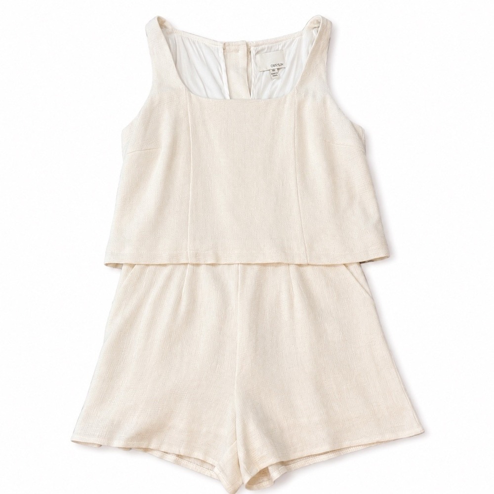 Greylin Romper XS Ivory Overlay Linen Blend Bridal Resortwear Rush Quiet Luxury